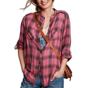 Matilda Jane long sleeve button-up shirt top blouse pink brown ruffles plaid M